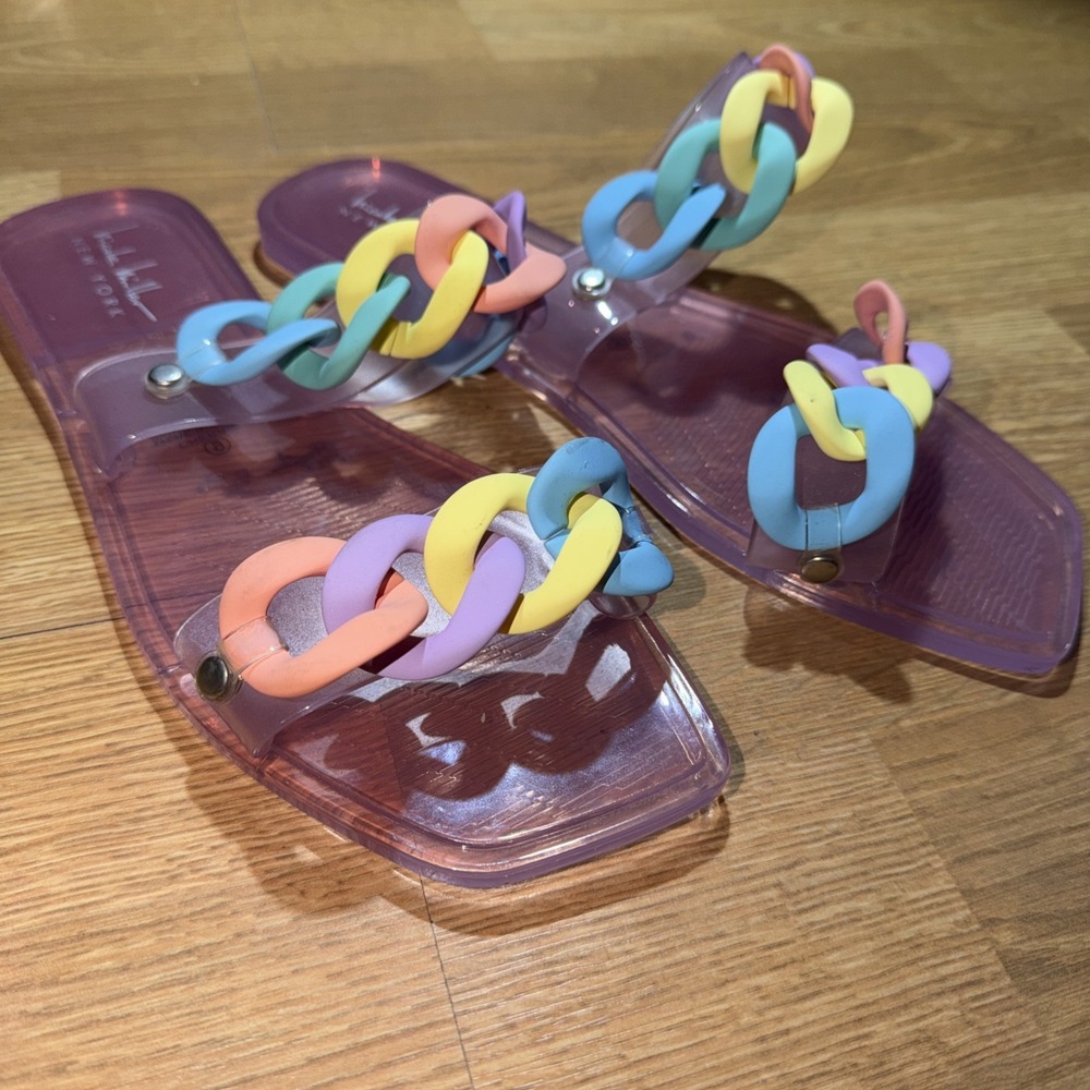 Nicole Miller Jelly Sandals Pastel Rainbow Chunky Chain Slides Womens US 9
